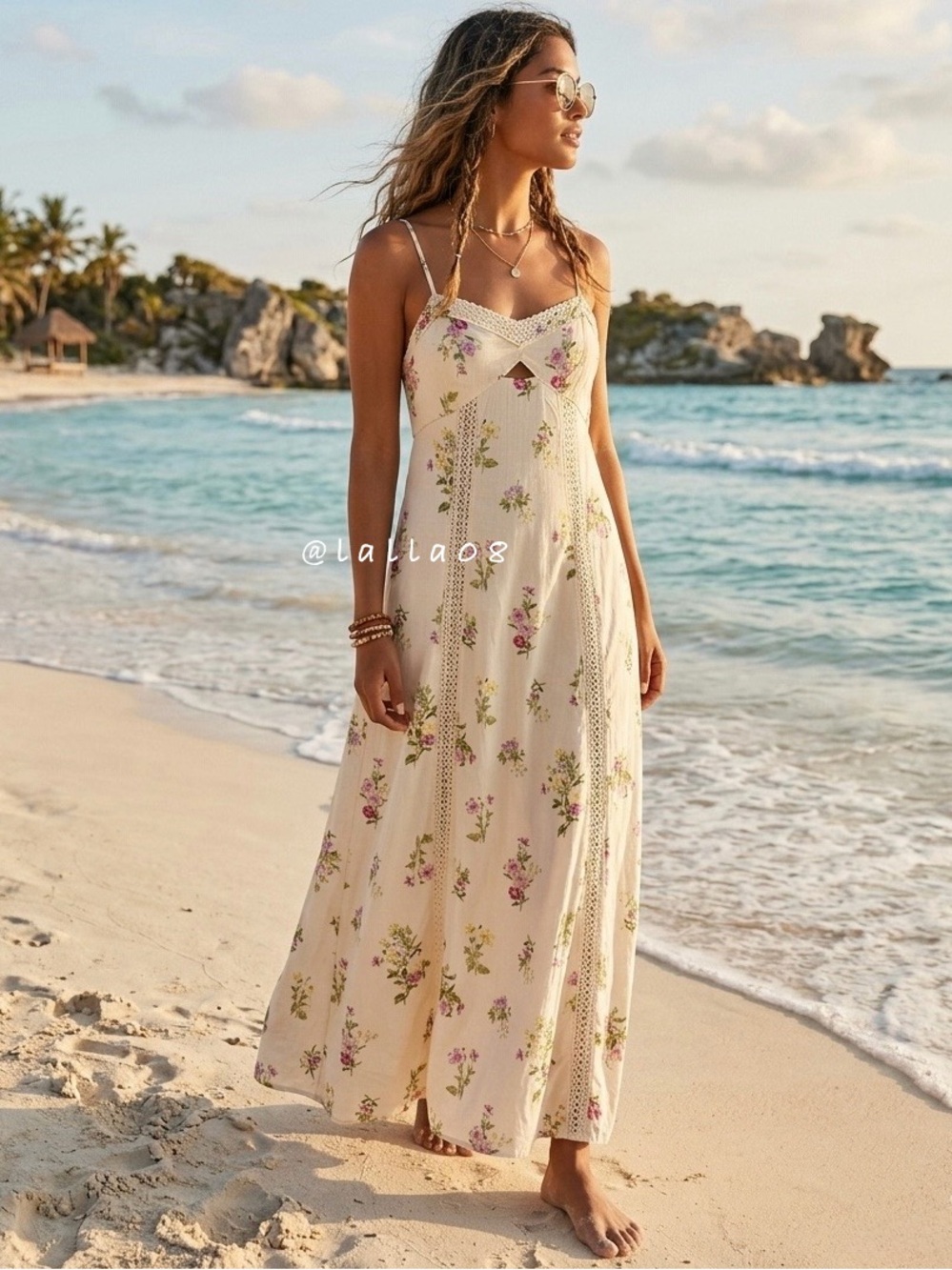 Caroline Constas Cream Floral Linen Crochet Inset Maxi Dress